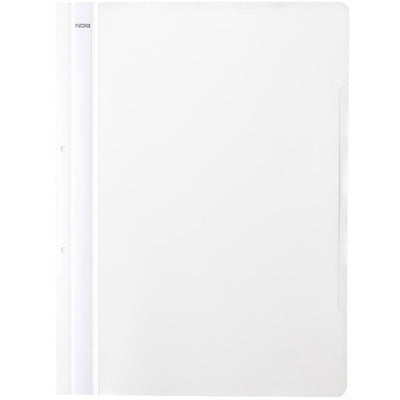 Dosar cu șină și perforații NOKI, format A4, culoare albă, din plastic, ideal pentru arhivarea flexibilă în bibliorafturi și organizarea documentelor