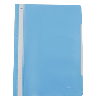 Dosar cu șină și perforații NOKI, format A4, culoare albastru deschis, din plastic, ideal pentru arhivarea flexibilă în bibliorafturi și organizarea documentelor de birou
