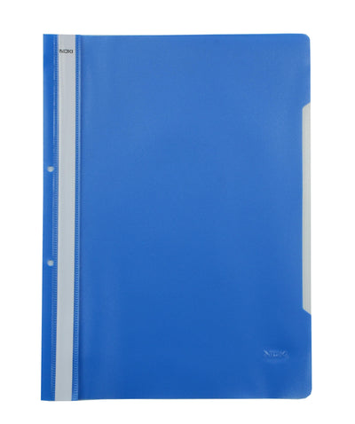 Dosar cu șină și perforații NOKI, format A4, culoare albastru, din plastic, ideal pentru arhivarea flexibilă în bibliorafturi și organizarea documentelor de birou