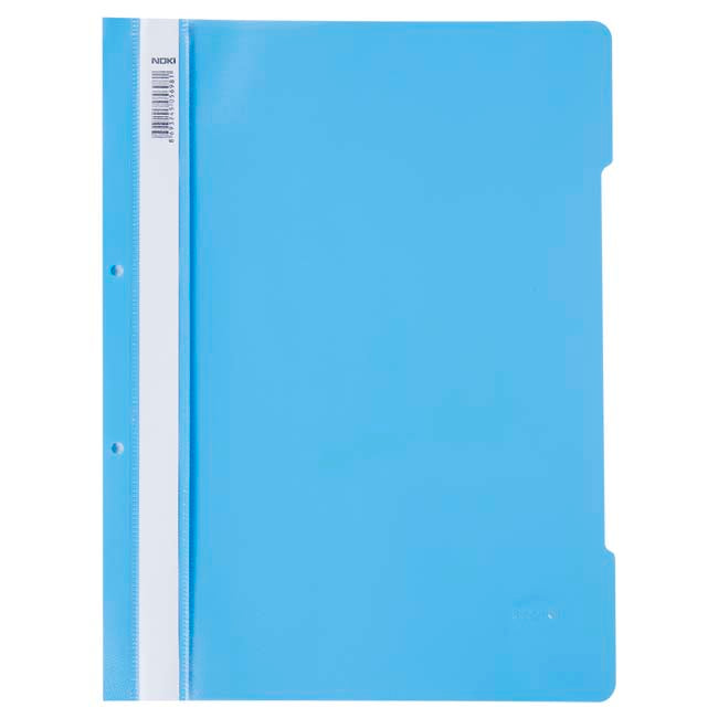 Dosar cu șină și perforații NOKI, format A4, culoare turcoaz, din plastic, ideal pentru arhivarea flexibilă în bibliorafturi și organizarea documentelor de birou