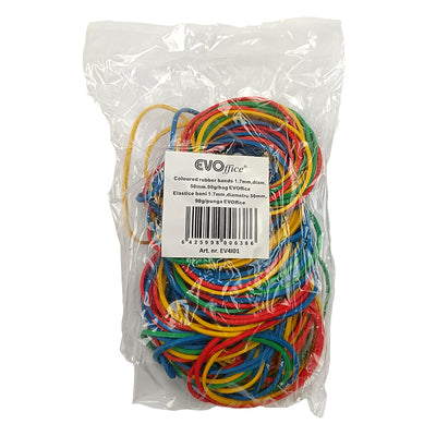 Pungă cu elastice de bani din cauciuc Evoffice 1.7 mm, diametru 50 mm, culori asortate, set 90g pentru birou și comerț.
