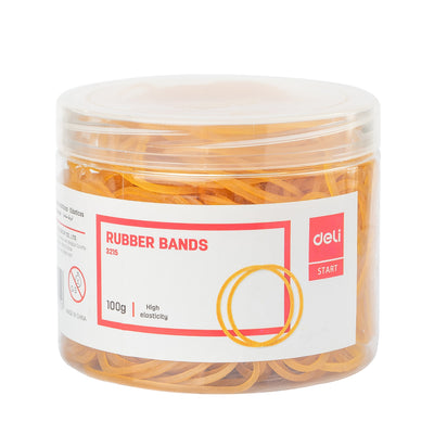 Cutie de plastic cu elastice de bani Deli 40 mm, set 100g, ideale pentru organizarea eficientă la birou.
