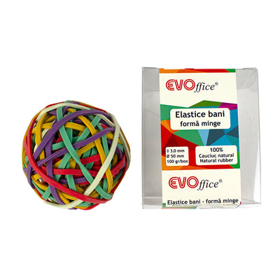 Cutie de plastic cu elastice de bani colorate Evoffice 3.0 mm, diametru 50 mm, formă de minge, set 100g pentru birou