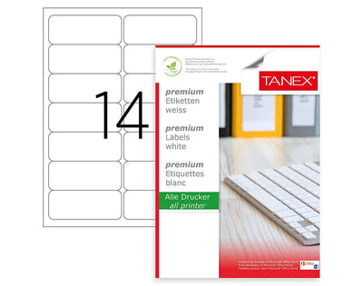 Top 100 coli etichete autoadezive A4 Tanex, 14 etichete pe coală, dimensiune 99.1x38.1 mm, compatibile laser și inkjet