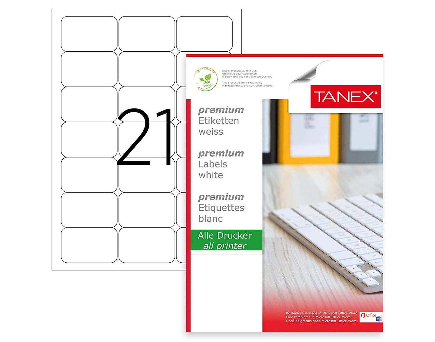 Top 25 coli etichete autoadezive A4 Tanex, 21 etichete pe coală cu colțuri rotunde, dimensiune 63.5x38.1 mm, compatibile laser și inkjet.