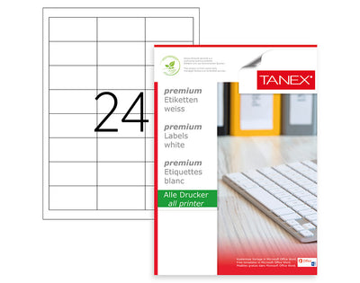 Top 100 coli etichete autoadezive A4 Tanex, 24 etichete pe coală cu colțuri drepte, dimensiune 64.6x33.8 mm, compatibile laser și inkjet