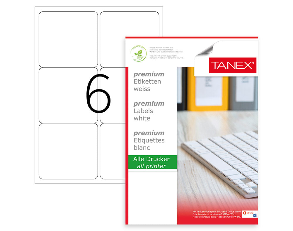 Top 100 coli etichete autoadezive A4 Tanex, 6 etichete pe coală cu colțuri rotunde, dimensiune 99.1x93.1 mm, compatibile laser și inkjet.