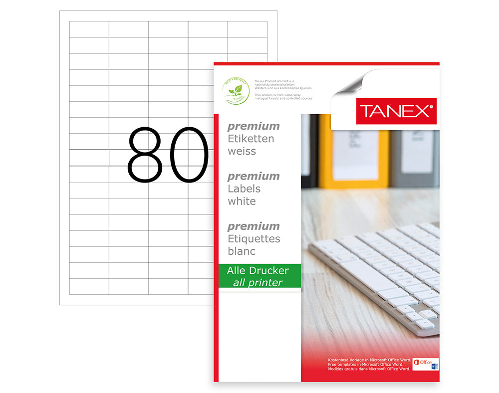 Top 100 coli etichete autoadezive A4 Tanex, 80 etichete pe coală cu colțuri drepte, dimensiune 37x14.25 mm, compatibile laser și inkjet
