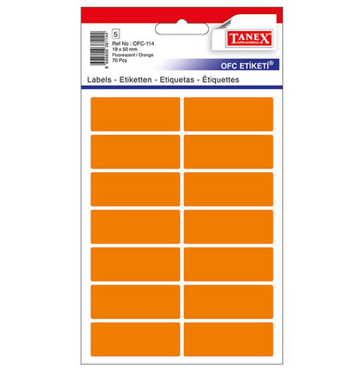 Set 70 etichete autoadezive colorate portocalii Tanex, format 19x50 mm cu colțuri rotunde, ideale pentru prețuri și organizare vizuală.