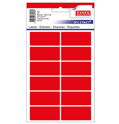 Set 60 etichete autoadezive colorate roșii Tanex, format 23x50 mm cu colțuri rotunde, ideale pentru prețuri și organizare vizuală.