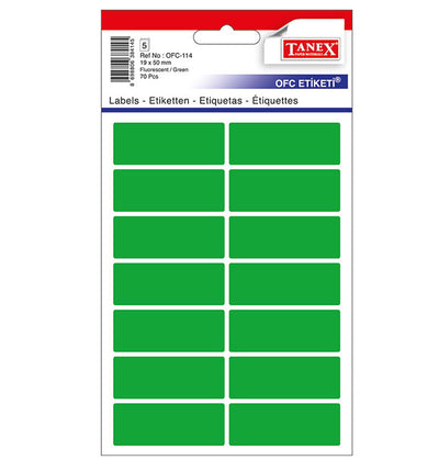 Set 70 etichete autoadezive colorate verzi Tanex, format 19x50 mm cu colțuri rotunde, ideale pentru prețuri și organizare vizuală.