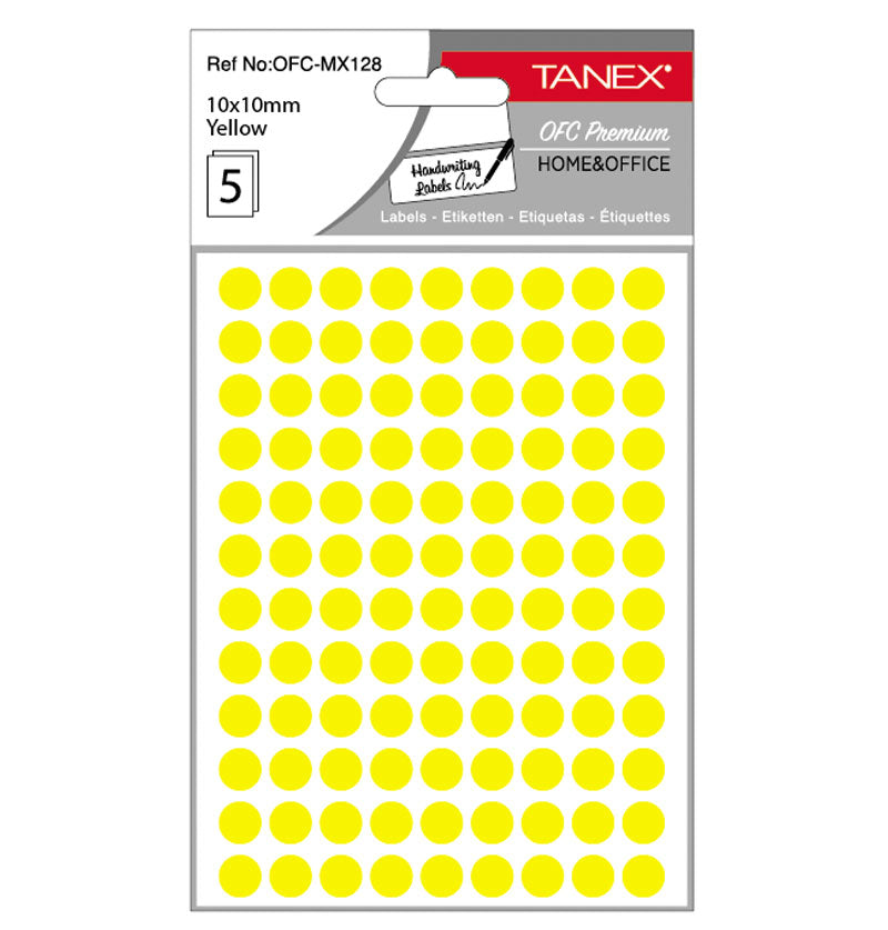 Set 540 etichete autoadezive rotunde galbene Tanex, diametru 10 mm, din hârtie ecologică FSC Mix, ideale pentru codare și prețuri