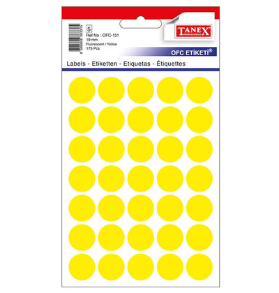 Set 175 etichete autoadezive rotunde galbene Tanex, diametru 19 mm, din hârtie ecologică FSC Mix, ideale pentru codare și prețuri