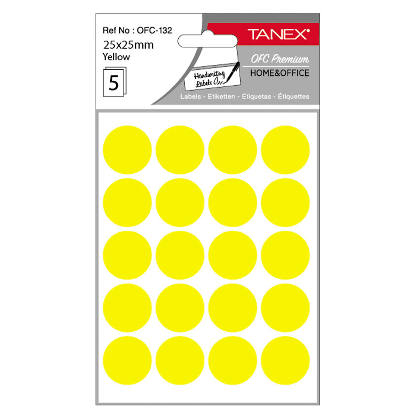 Set 100 etichete autoadezive rotunde galbene Tanex, diametru 25 mm, din hârtie ecologică FSC Mix, ideale pentru codare și prețuri.