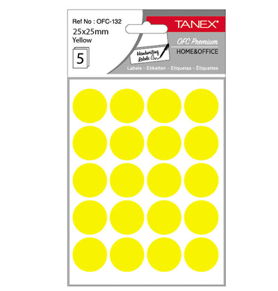 Set 100 etichete autoadezive rotunde galbene Tanex, diametru 25 mm, din hârtie ecologică FSC Mix, ideale pentru codare și prețuri.