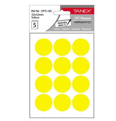 Set 60 etichete autoadezive rotunde galbene Tanex, diametru 32 mm, din hârtie ecologică FSC Mix, ideale pentru codare și prețuri.