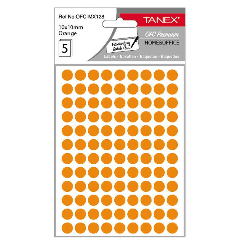 Set 540 etichete autoadezive rotunde portocalii Tanex, diametru 10 mm, din hârtie ecologică FSC Mix, ideale pentru codare și prețuri