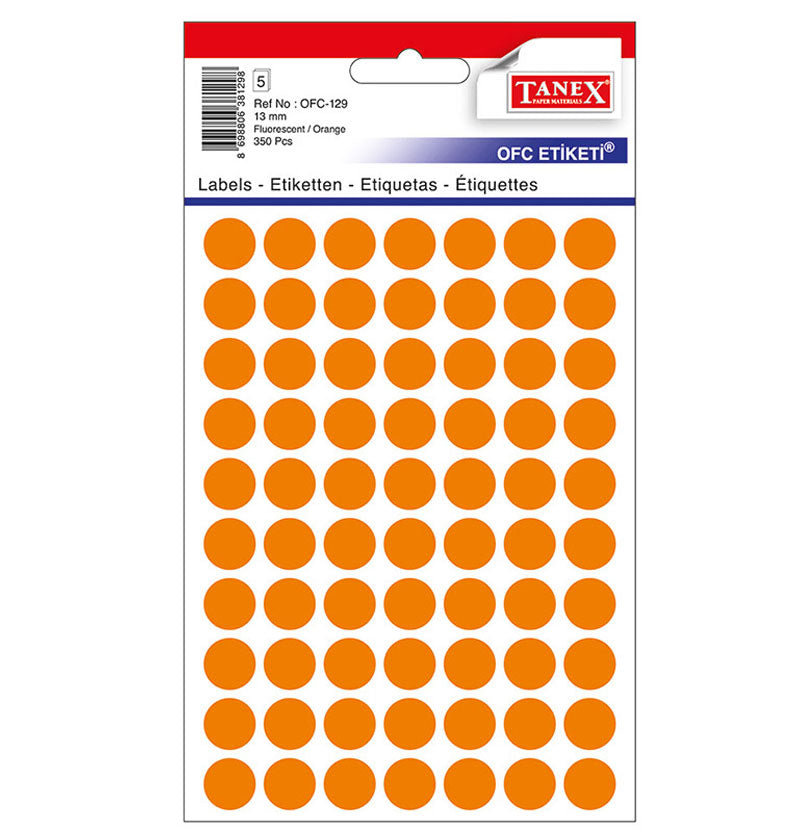 Set 350 etichete autoadezive rotunde portocalii Tanex, diametru 13 mm, din hârtie ecologică FSC Mix, ideale pentru codare și prețuri.