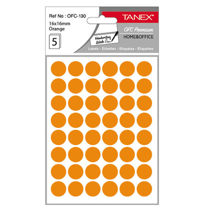 Set 240 etichete autoadezive rotunde portocalii Tanex, diametru 16 mm, din hârtie ecologică FSC Mix, ideale pentru codare și prețuri.