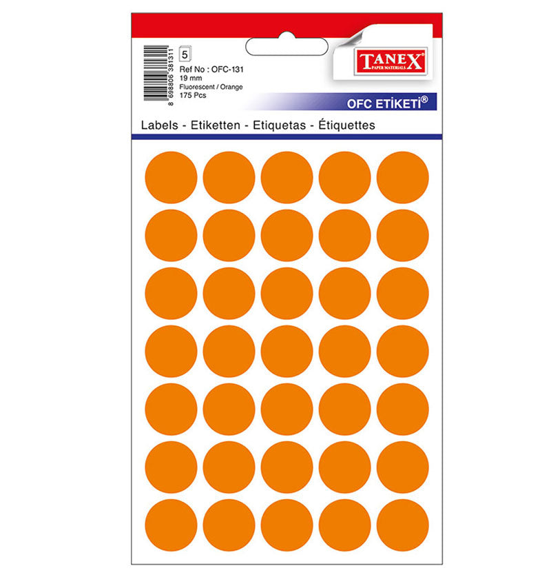 Set 175 etichete autoadezive rotunde portocalii Tanex, diametru 19 mm, din hârtie ecologică FSC Mix, ideale pentru codare și prețuri