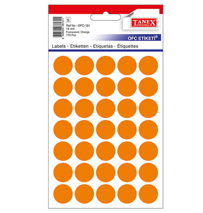 Set 175 etichete autoadezive rotunde portocalii Tanex, diametru 19 mm, din hârtie ecologică FSC Mix, ideale pentru codare și prețuri