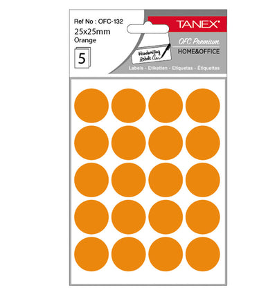 Set 100 etichete autoadezive rotunde portocalii Tanex, diametru 25 mm, din hârtie ecologică FSC Mix, ideale pentru codare și prețuri.