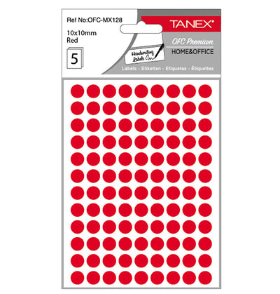 Set 540 etichete autoadezive rotunde roșii Tanex, diametru 10 mm, din hârtie ecologică FSC Mix, ideale pentru codare și prețuri
