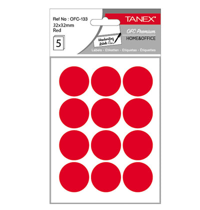 Set 60 etichete autoadezive rotunde roșii Tanex, diametru 32 mm, din hârtie ecologică FSC Mix, ideale pentru codare și prețuri.