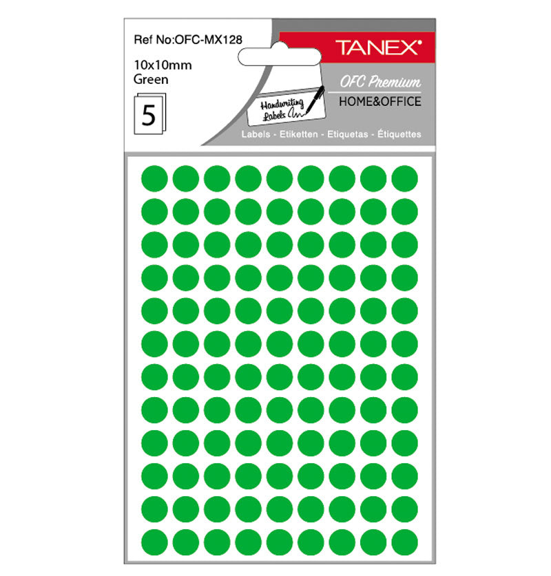 Set 540 etichete autoadezive rotunde verzi Tanex, diametru 10 mm, din hârtie ecologică FSC Mix, ideale pentru codare și prețuri