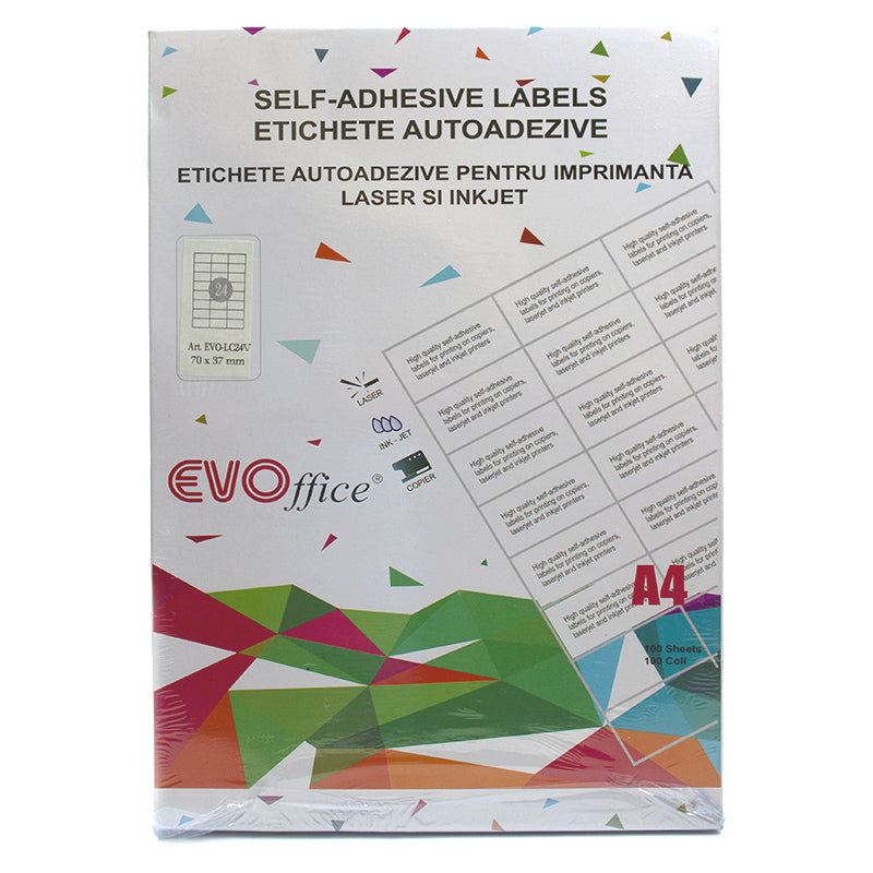 Top 100 coli etichete autoadezive color verde A4 EVOffice, 24 etichete pe coală cu colțuri drepte, dimensiune 70x37 mm, compatibile laser și inkjet.