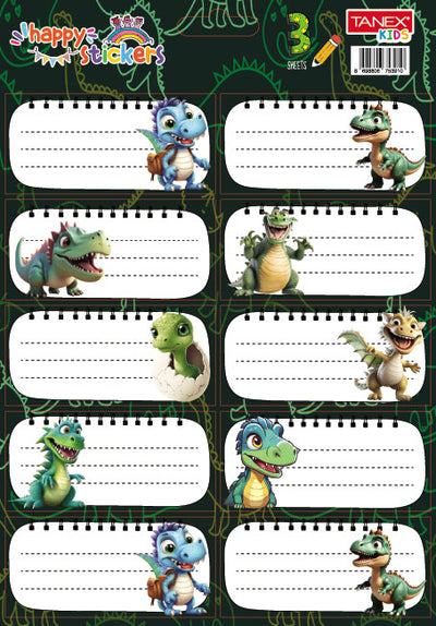 Set 30 etichete școlare autocolante Tanex cu dinozauri, ideale pentru caiete și manuale