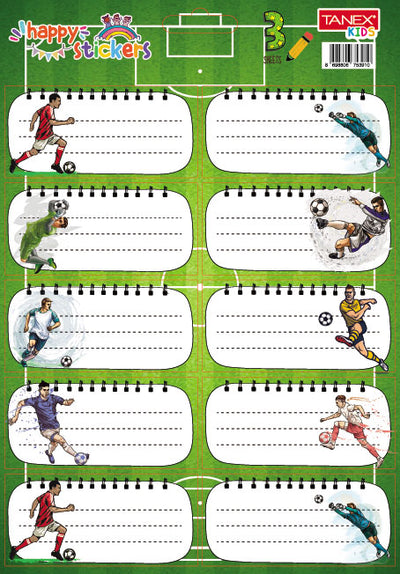 Set 30 etichete școlare autocolante Tanex cu tematică fotbal, ideale pentru caiete și manuale