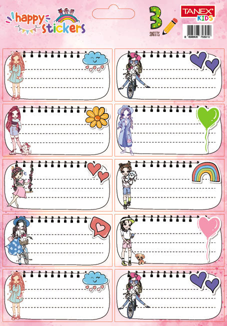 Set 30 etichete școlare autocolante Tanex cu design Girls, ideale pentru caiete și manuale