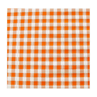 Față de masă din hârtie cerată cu polietilenă și carouri portocalii, dimensiune 88x100 cm, ideală pentru restaurante și uz casnic