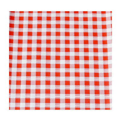 Față de masă din hârtie cerată cu polietilenă și carouri roșii, dimensiune 88x100 cm, ideală pentru restaurante și uz casnic.
