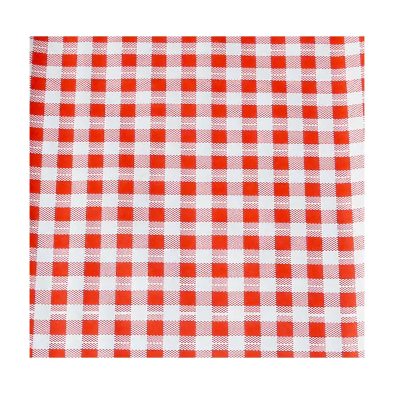 Față de masă din hârtie cerată cu polietilenă și carouri roșii, dimensiune 88x100 cm, ideală pentru restaurante și uz casnic.