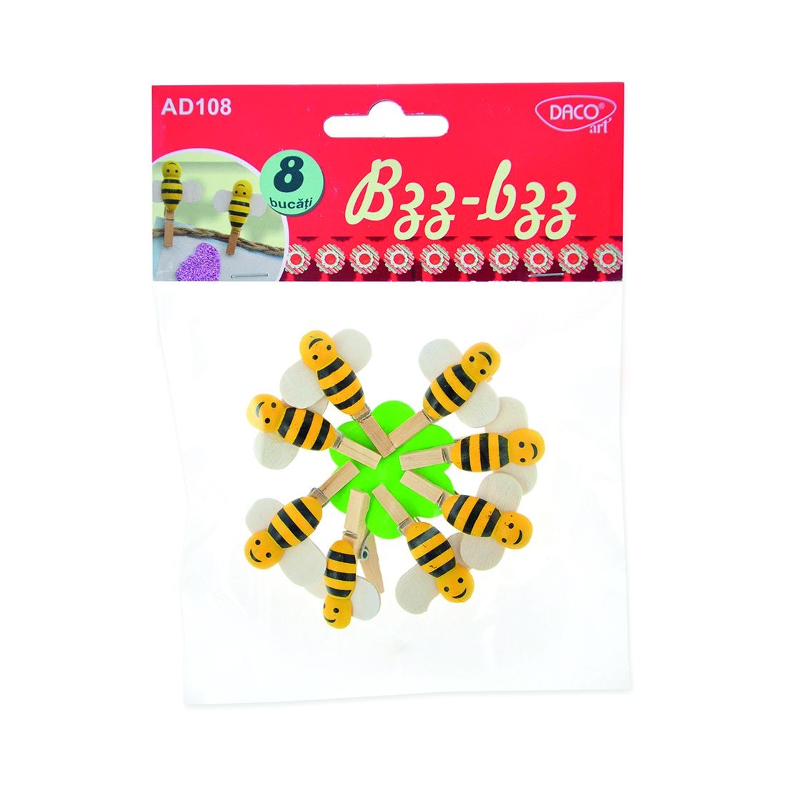 Set de 8 forme decorative din lemn natural decupat, model Bzz-bzz de dimensiuni 4.3 x 4 cm, marca DACOart, pentru proiecte craft și colaje.