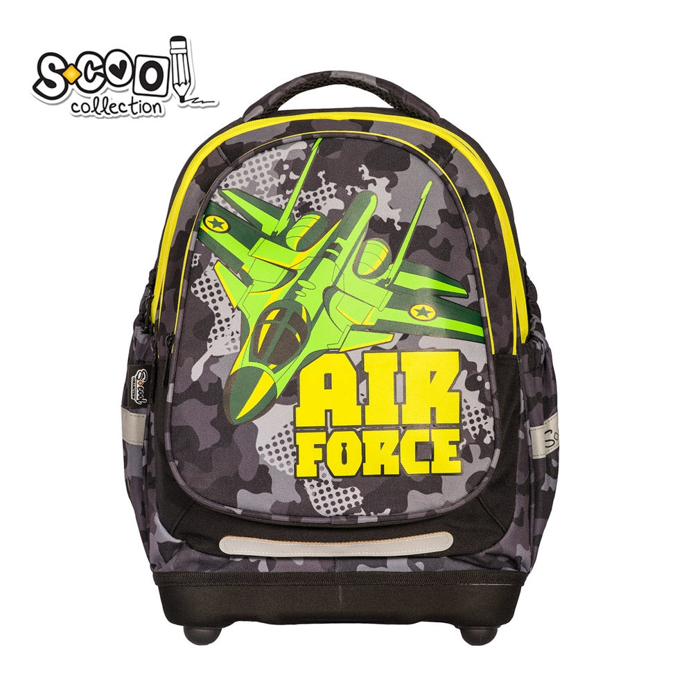 Ghiozdan anatomic baieti S-COOL model Air Force 39 cm ultra-usor 0.7 kg spate respirabil catarama abdominala benzi reflectorizante si baza din spuma EVA