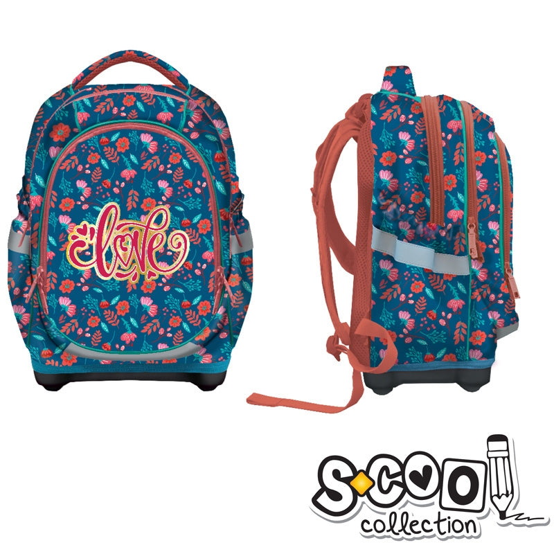 Ghiozdan anatomic fete S-COOL model Love 42 cm cu spate buretat 3 compartimente buzunar laptop baza EVA impermeabila cu picioruse si elemente reflectorizante