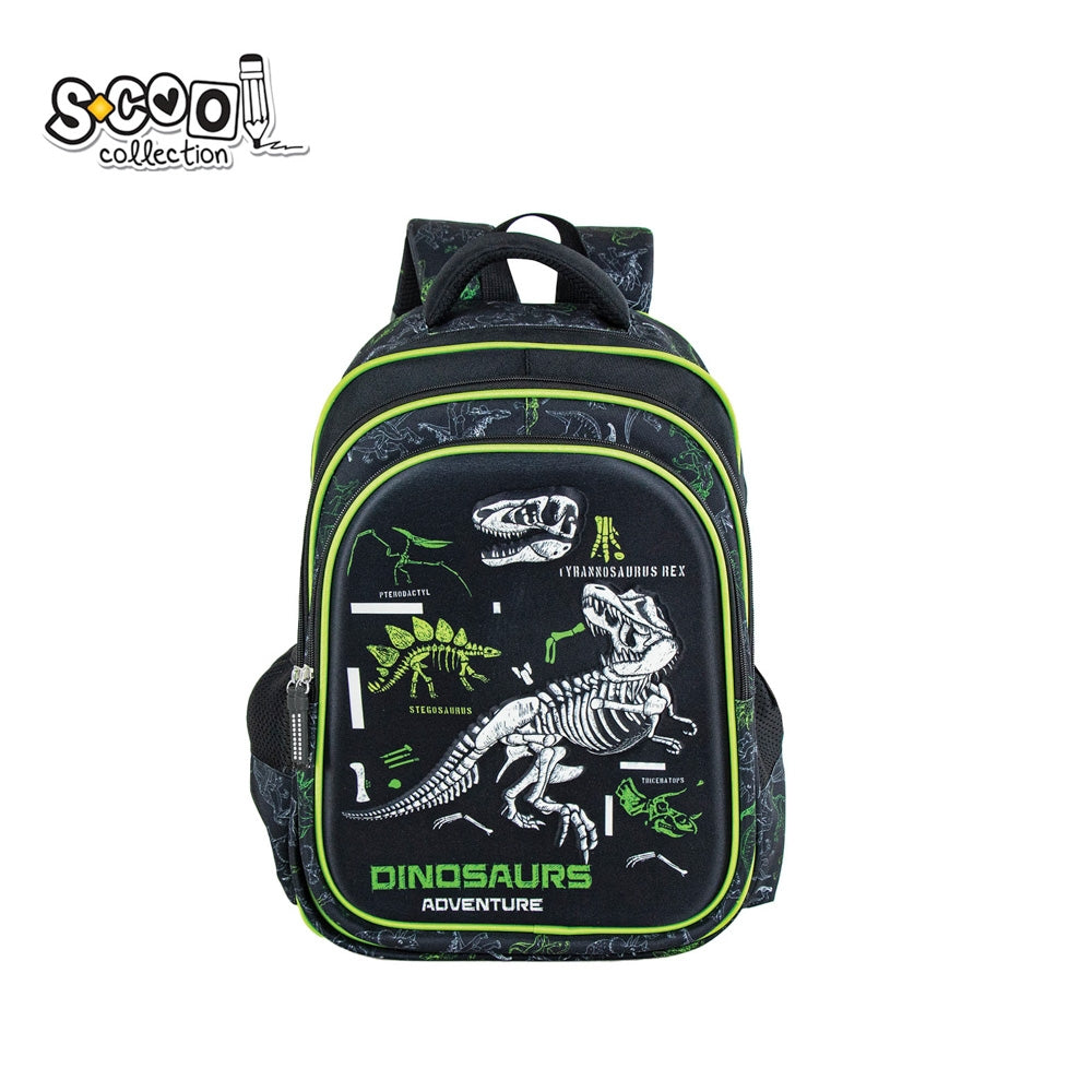 Ghiozdan baieti S-COOL model 3D Dinosaurs 38 cm cu carcasa frontala EVA dinozaur compartiment principal cu separatoare si curea transversala piept poliester 1000D
