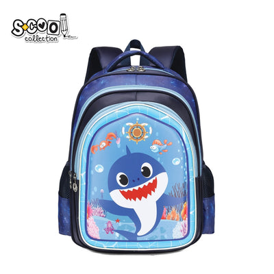Ghiozdan 3D pentru baieti S-COOL model Shark 41 cm cu imprimeu rechin in relief carcasa EVA spate buretat buzunar interior si volum 30 litri bleumarin albastru