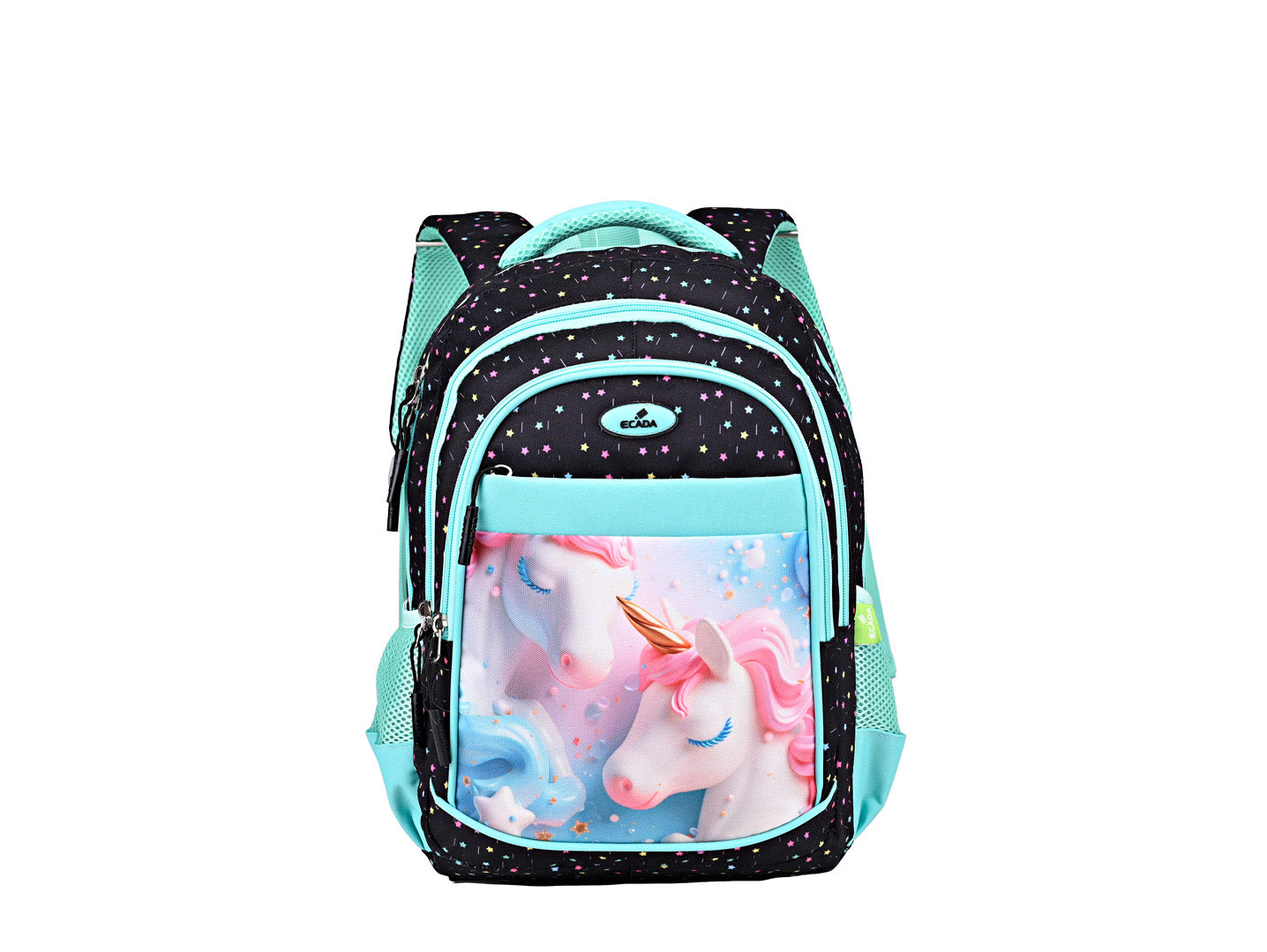 Ghiozdan scolar Ecada 614005 inaltime 41 cm model cu unicorni culori pastelate bretele buretate si compartimente cu fermoar