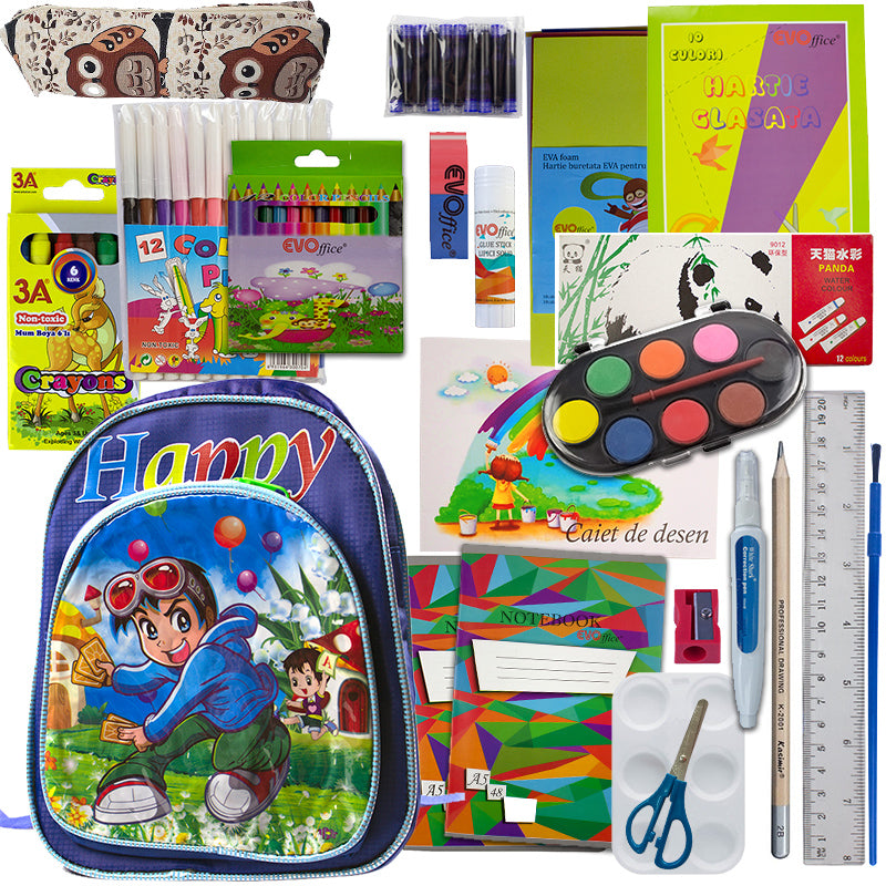 Set complet gradinita si clasa pregatitoare baieti cu ghiozdan 26 cm penar etui acuarele tempera carioci stilou si hartie glasata EVOffice