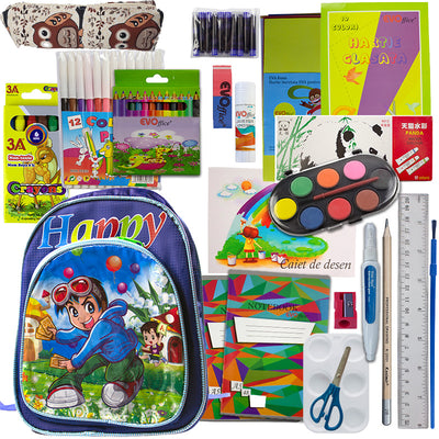 Set complet gradinita si clasa pregatitoare baieti cu ghiozdan 26 cm penar etui acuarele tempera carioci stilou si hartie glasata EVOffice