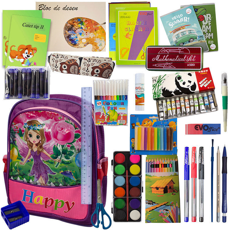 Set complet scoala fete clasele 1 si 2 cu ghiozdan 31 cm caiet tip I si tip II penar stilou acuarele plastilina si creioane colorate EVOffice