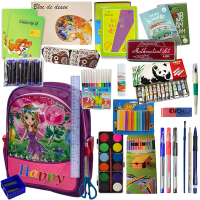 Set complet scoala fete clasele 1 si 2 cu ghiozdan 31 cm caiet tip I si tip II penar stilou acuarele plastilina si creioane colorate EVOffice