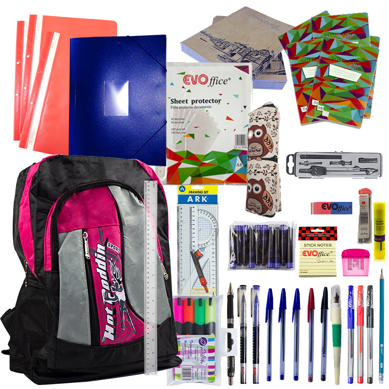 Set complet liceu fete cu ghiozdan student 3 fermoare caiete A4 100 file penar etui trusa geometrie folii protectie si instrumente de scris EVOffice