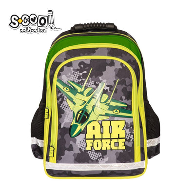 Ghiozdan ergonomic baieti S-COOL model Air Force 40.5 cm greutate 0.67kg imprimeu tematic spate anatomic respirabil maner ergonomic si benzi reflectorizante