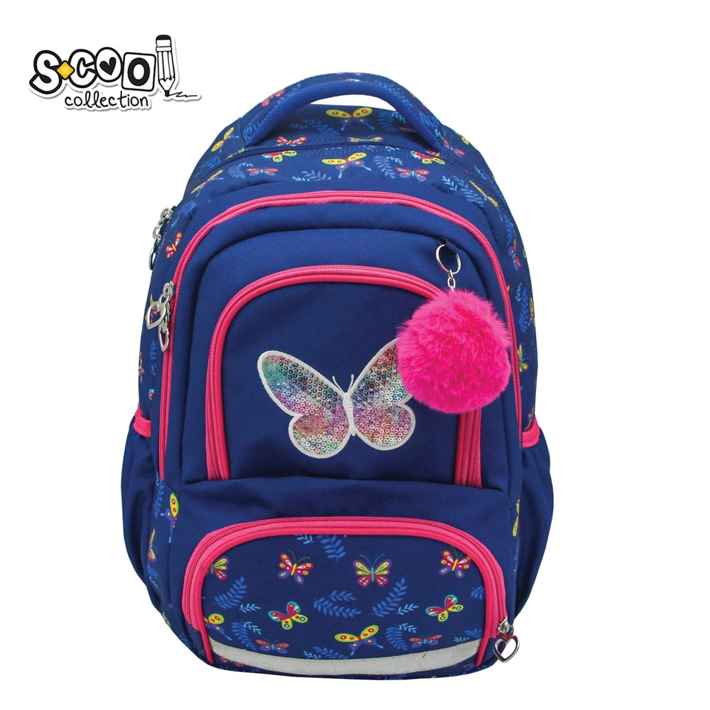 Ghiozdan ergonomic fete S-COOL model Butterfly 42 cm cu compartiment laptop pom-pom spate anatomic respirabil curea pectorala de fixare si benzi reflectorizante 360 grade