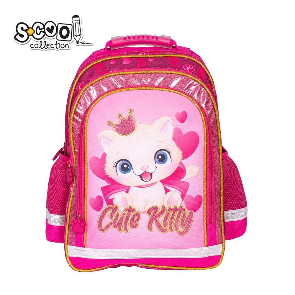 Ghiozdan ergonomic fete S-COOL model Cute Kitty 40.5 cm cu sclipici greutate 0.67kg spate anatomic respirabil maner ergonomic si benzi reflectorizante